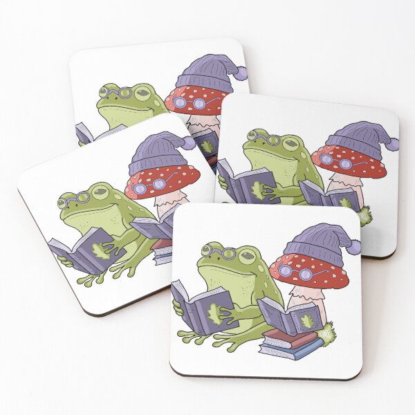 Item preview, Frog reading book with mushroom cottagecore illustration designed and sold by LeshanArt.