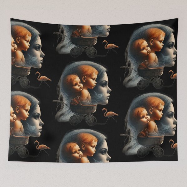 Item preview, Vintage Twin Babies and Flamingo Motherhood Surreal Art designed and sold by LujziWorld.