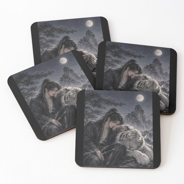 Item preview, Sleeping Warrior and White Tiger Art | Oriental Fantasy Wall Decor | Moonlit Wuxia Illustration | Guardian White Tiger | Asian Fine Art | Peaceful Night Scene designed and sold by ManJiangHong.
