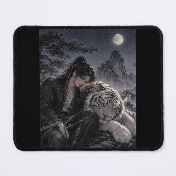 Item preview, Sleeping Warrior and White Tiger Art | Oriental Fantasy Wall Decor | Moonlit Wuxia Illustration | Guardian White Tiger | Asian Fine Art | Peaceful Night Scene designed and sold by ManJiangHong.