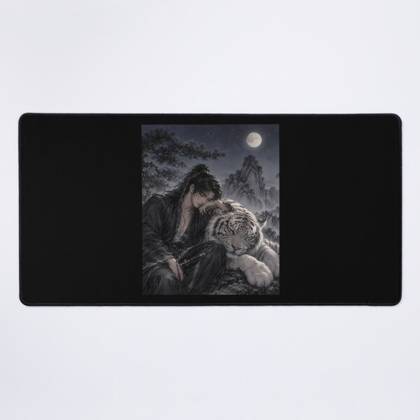 Item preview, Sleeping Warrior and White Tiger Art | Oriental Fantasy Wall Decor | Moonlit Wuxia Illustration | Guardian White Tiger | Asian Fine Art | Peaceful Night Scene designed and sold by ManJiangHong.