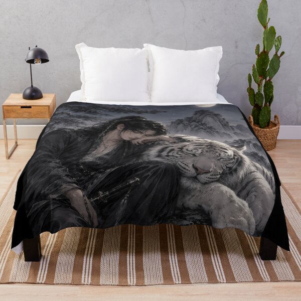 Item preview, Sleeping Warrior and White Tiger Art | Oriental Fantasy Wall Decor | Moonlit Wuxia Illustration | Guardian White Tiger | Asian Fine Art | Peaceful Night Scene designed and sold by ManJiangHong.