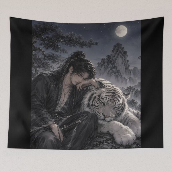 Item preview, Sleeping Warrior and White Tiger Art | Oriental Fantasy Wall Decor | Moonlit Wuxia Illustration | Guardian White Tiger | Asian Fine Art | Peaceful Night Scene designed and sold by ManJiangHong.