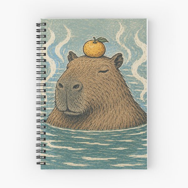 Item preview, Serene Capybara Soaking in Hot Spring with Yuzu Orange Japanese Woodblock Linocut Onsen Art designed and sold by OnPointOutfits.