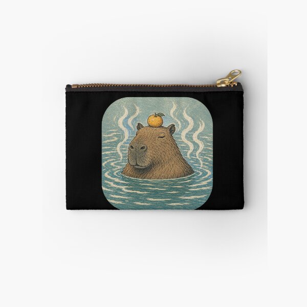 Item preview, Serene Capybara Soaking in Hot Spring with Yuzu Orange Japanese Woodblock Linocut Onsen Art designed and sold by OnPointOutfits.