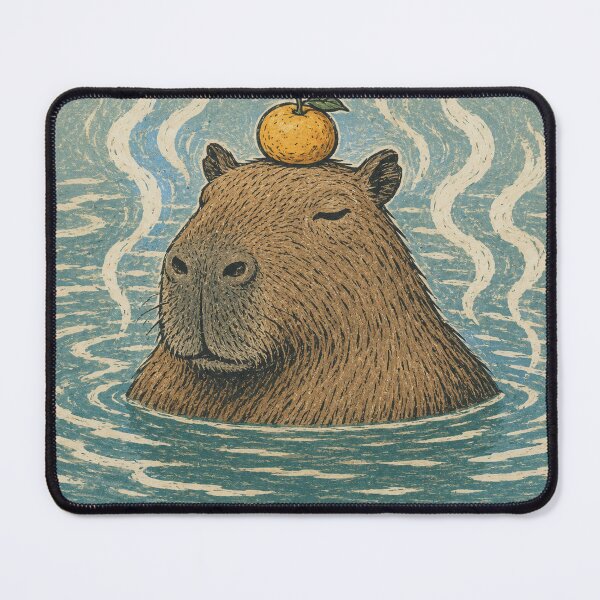 Item preview, Serene Capybara Soaking in Hot Spring with Yuzu Orange Japanese Woodblock Linocut Onsen Art designed and sold by OnPointOutfits.