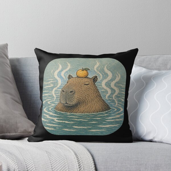 Item preview, Serene Capybara Soaking in Hot Spring with Yuzu Orange Japanese Woodblock Linocut Onsen Art designed and sold by OnPointOutfits.