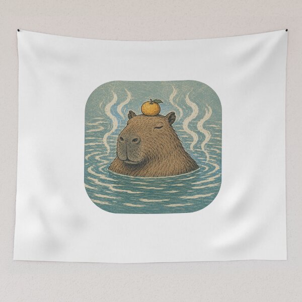 Item preview, Serene Capybara Soaking in Hot Spring with Yuzu Orange Japanese Woodblock Linocut Onsen Art designed and sold by OnPointOutfits.
