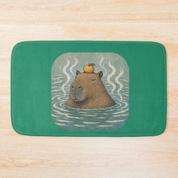Item preview, Serene Capybara Soaking in Hot Spring with Yuzu Orange Japanese Woodblock Linocut Onsen Art designed and sold by OnPointOutfits.