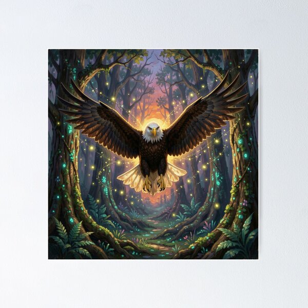 Item preview, Majestic Eagle Soaring Through Glowing Bioluminescent Forest Twilight Oil Painting designed and sold by TaBogroupsRed.