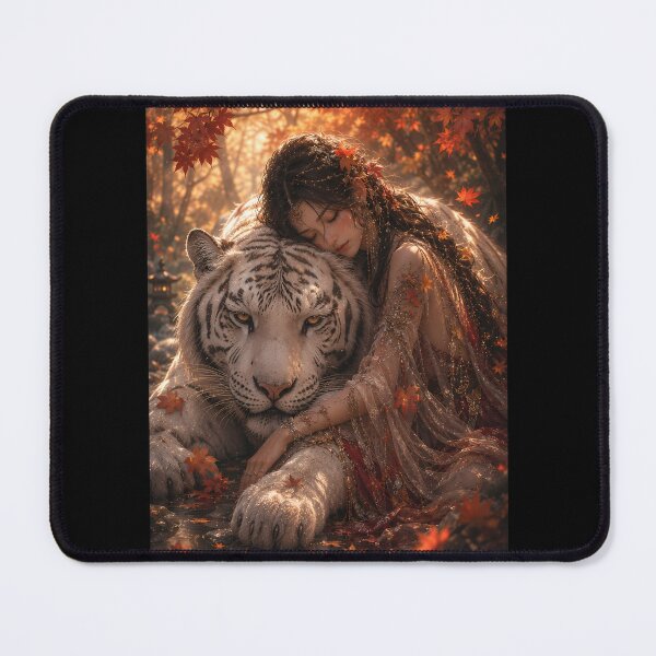 Item preview, Woman Embracing White Tiger Art | Autumn Fantasy Wall Decor | Majestic White Tiger | Oriental Fine Art | Cozy Fall Forest Illustration | Wildlife Home Decor designed and sold by ManJiangHong.