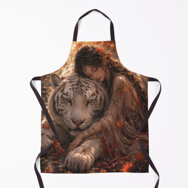 Item preview, Woman Embracing White Tiger Art | Autumn Fantasy Wall Decor | Majestic White Tiger | Oriental Fine Art | Cozy Fall Forest Illustration | Wildlife Home Decor designed and sold by ManJiangHong.