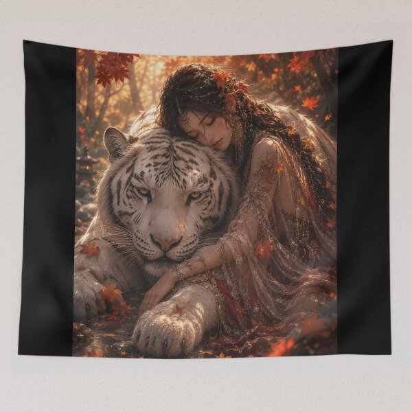 Item preview, Woman Embracing White Tiger Art | Autumn Fantasy Wall Decor | Majestic White Tiger | Oriental Fine Art | Cozy Fall Forest Illustration | Wildlife Home Decor designed and sold by ManJiangHong.