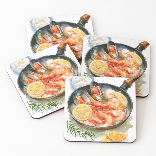 Item preview, Delicious Seafood Shrimp Mussels Lemon Watercolor Kitchen Illustration Artwork designed and sold by EL-Lebedenko.