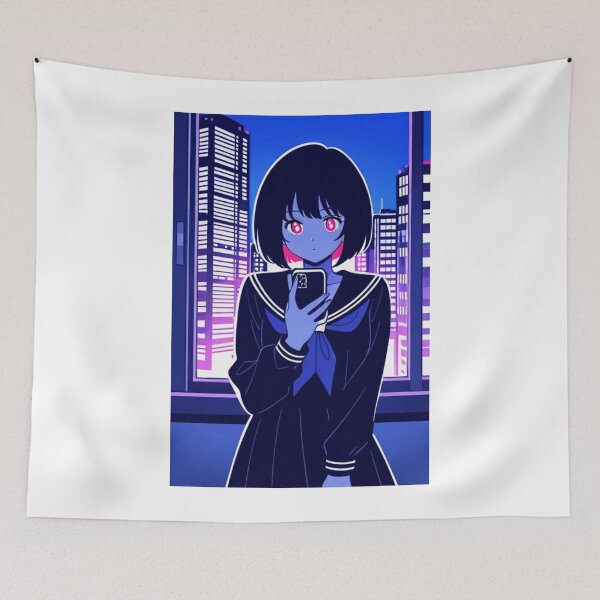 Item preview, Urban Scene - Young woman with neon eyes holding smartphone designed and sold by AnimeShin.