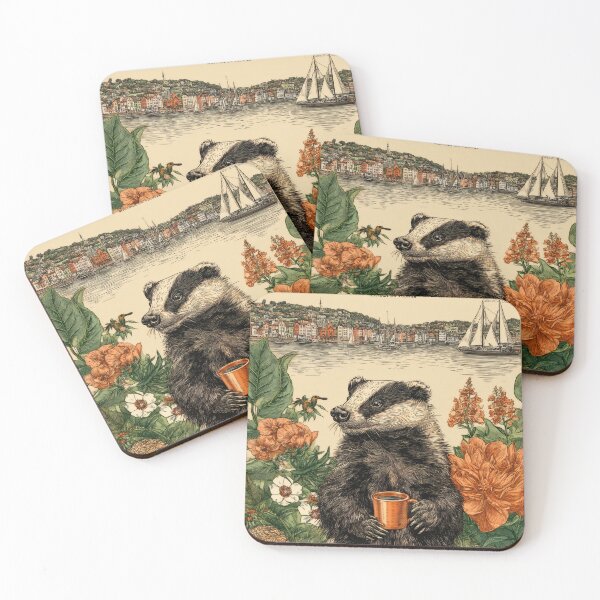 Item preview, Badger with Coffee Among Bristol Flowers designed and sold by CoffeeinBloom.