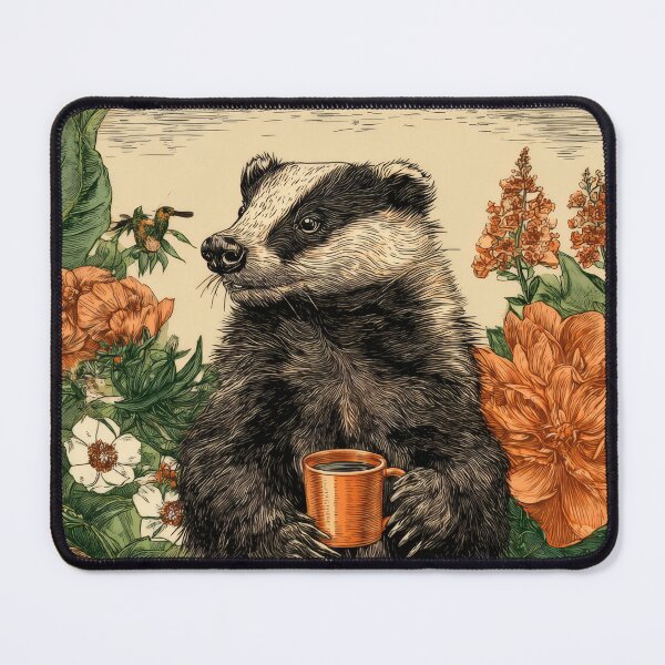 Item preview, Badger with Coffee Among Bristol Flowers designed and sold by CoffeeinBloom.