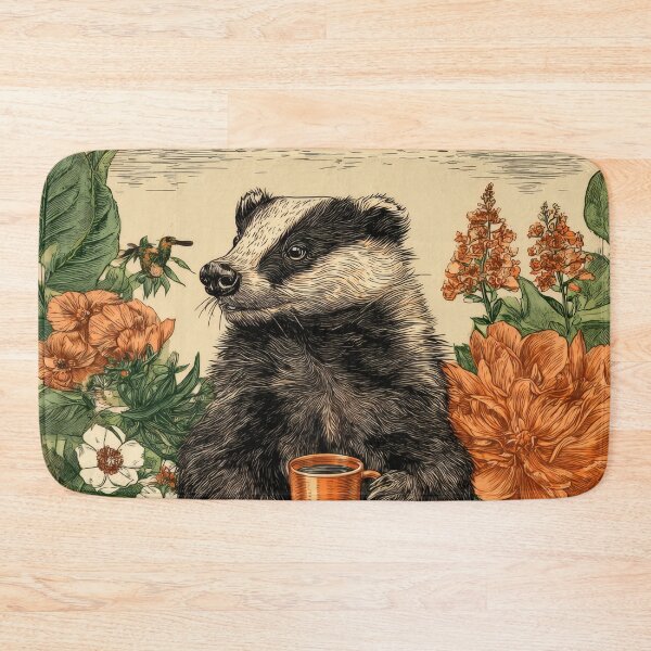 Item preview, Badger with Coffee Among Bristol Flowers designed and sold by CoffeeinBloom.
