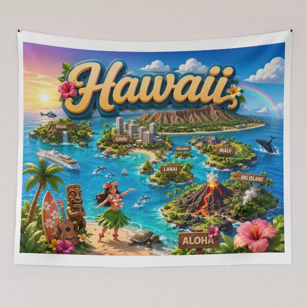 Item preview, Hawaii 3D Cartoon Travel Illustration – Tropical Islands, Volcanoes & Aloha Paradise Design designed and sold by Fabrifrank.