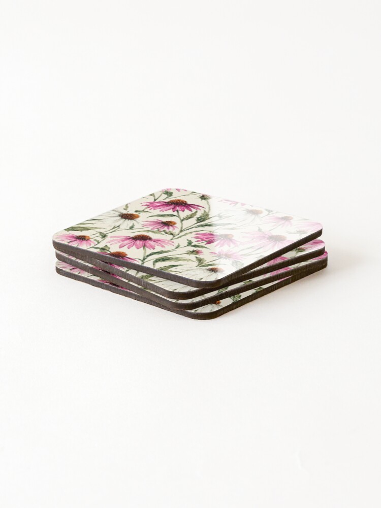 Thumbnail 4 of 5, Coasters (Set of 4), Echinacea Coneflower Prairie Watercolor Seamless Pattern designed and sold by Inkworksbyshery.