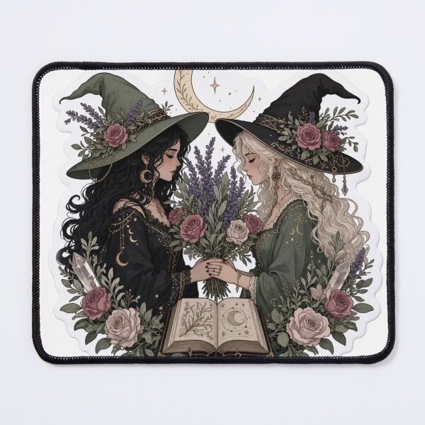 Item preview, Sapphic Witch Couple Cottagecore Romance Crescent Moon Herbs Lesbian Witchy Emblem designed and sold by StickyGuys.