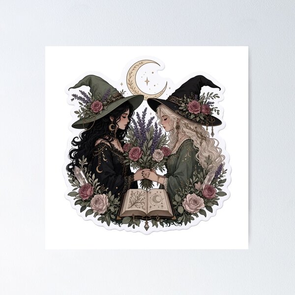 Item preview, Sapphic Witch Couple Cottagecore Romance Crescent Moon Herbs Lesbian Witchy Emblem designed and sold by StickyGuys.