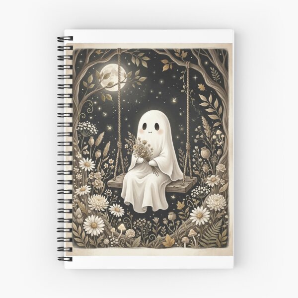 Item preview, Cute Ghost on Moonlit Swing | Cottagecore Ghost Art | Whimsical Floral Halloween | Cozy Spooky Autumn Design designed and sold by MS Pod Studio.