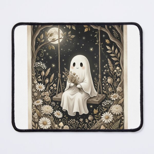 Item preview, Cute Ghost on Moonlit Swing | Cottagecore Ghost Art | Whimsical Floral Halloween | Cozy Spooky Autumn Design designed and sold by MS Pod Studio.
