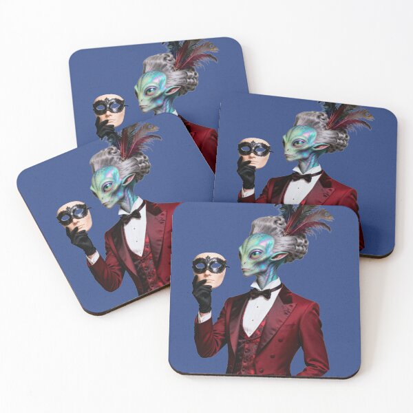 Item preview, Alien Masquerade — Red Tuxedo Peacock Extraterrestrial Art Print designed and sold by monolithstudio.
