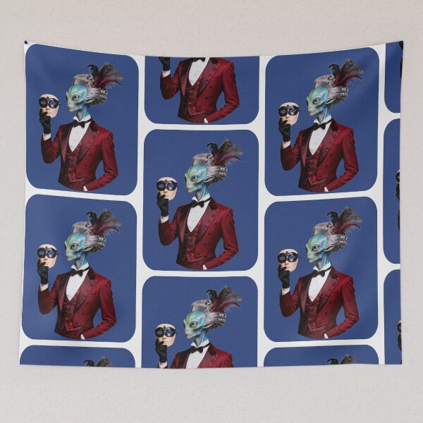 Item preview, Alien Masquerade — Red Tuxedo Peacock Extraterrestrial Art Print designed and sold by monolithstudio.