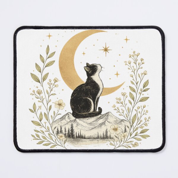 Item preview, Tuxedo Cat Under Crescent Moon | Botanical Nature Art designed and sold by Lumivo Studio.