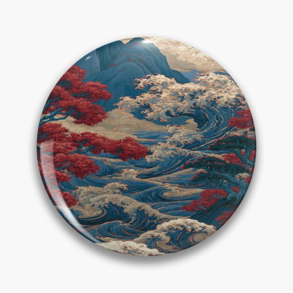 Item preview, The Eternal Dance of Water and Earth; Japanese Wave Landscape - Red Maples & Blue Mountains designed and sold by RAYBIL.
