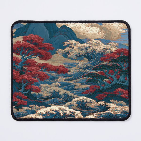 Item preview, The Eternal Dance of Water and Earth; Japanese Wave Landscape - Red Maples & Blue Mountains designed and sold by RAYBIL.