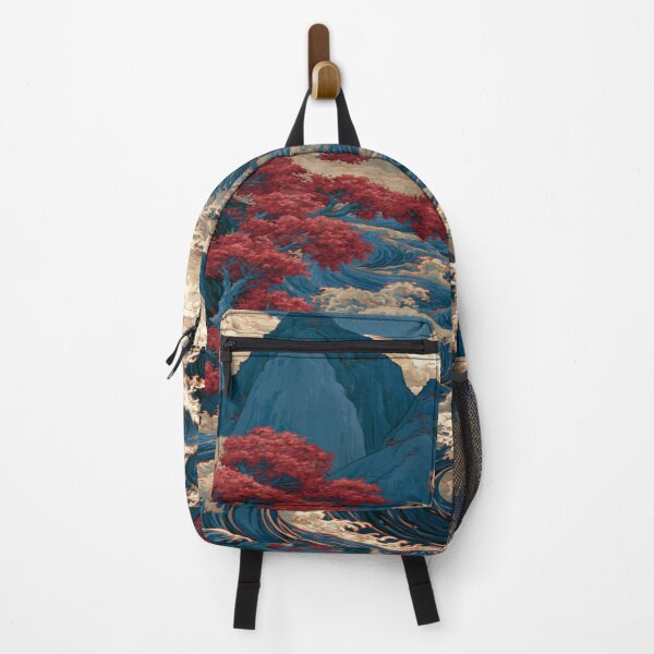Item preview, The Eternal Dance of Water and Earth; Japanese Wave Landscape - Red Maples & Blue Mountains designed and sold by RAYBIL.