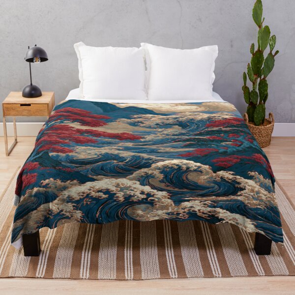 Item preview, The Eternal Dance of Water and Earth; Japanese Wave Landscape - Red Maples & Blue Mountains designed and sold by RAYBIL.