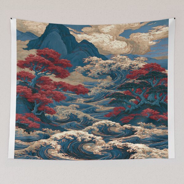 Item preview, The Eternal Dance of Water and Earth; Japanese Wave Landscape - Red Maples & Blue Mountains designed and sold by RAYBIL.