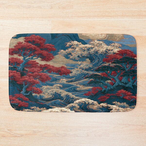 Item preview, The Eternal Dance of Water and Earth; Japanese Wave Landscape - Red Maples & Blue Mountains designed and sold by RAYBIL.