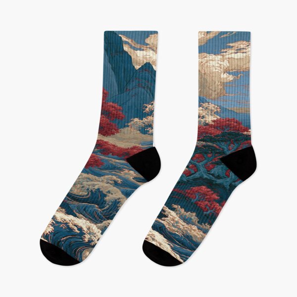 Item preview, The Eternal Dance of Water and Earth; Japanese Wave Landscape - Red Maples & Blue Mountains designed and sold by RAYBIL.
