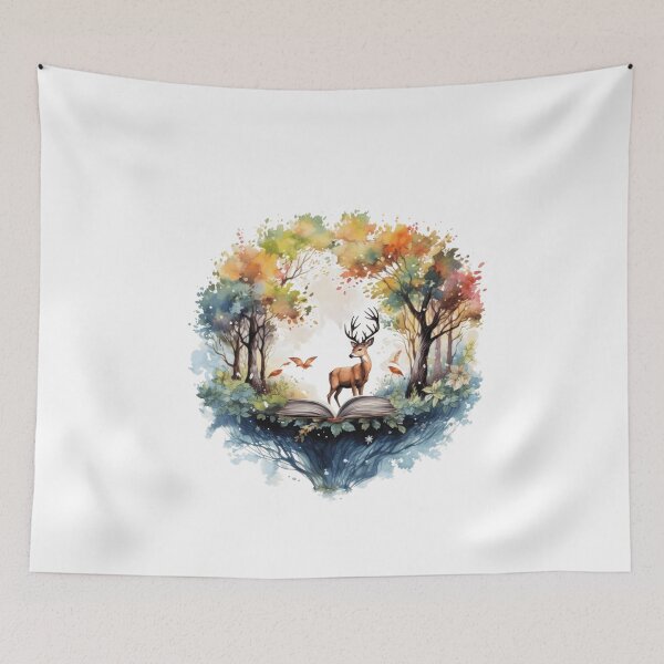 Item preview, 	Enchanted Forest Deer Rising from Open Book Watercolor designed and sold by ZetaLoom.