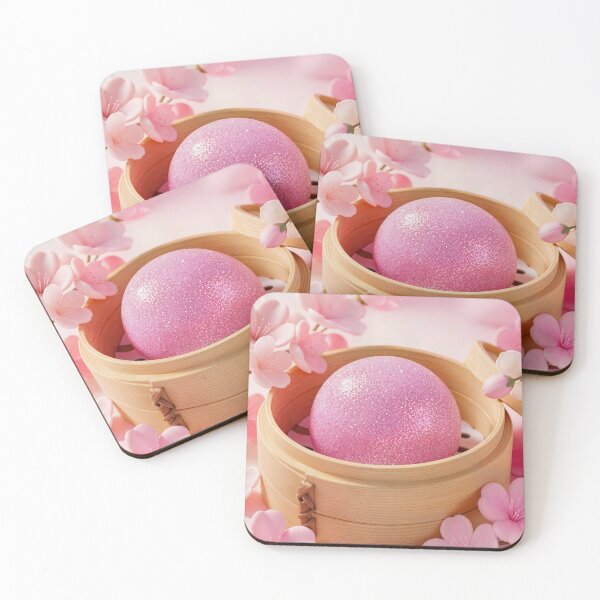 Item preview, Pink Glitter Dim Sum Bun in Bamboo Steamer with Sakura Blossoms designed and sold by EmeraldeaArt.