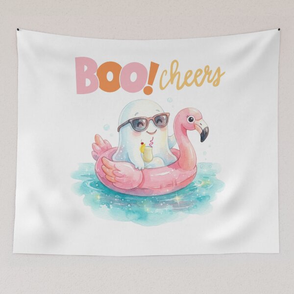 Item preview, Cute Summer Ghost on Flamingo Pool Float with Cocktail  designed and sold by VibranPalette.
