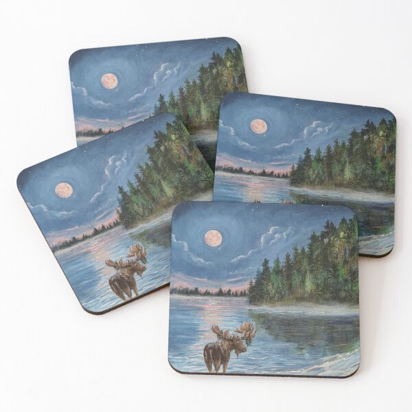 Item preview, Lone Moose  A lone moose stands foraging in a calm and tranquil lake the full moon rising as the sunsets into pink darkness designed and sold by Lori Richardson.