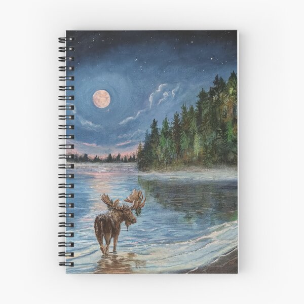 Item preview, Lone Moose A lone moose stands foraging in a calm and tranquil lake the full moon rising as the sunsets into pink darkness designed and sold by Lori Richardson.