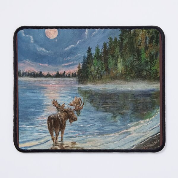 Item preview, Lone Moose A lone moose stands foraging in a calm and tranquil lake the full moon rising as the sunsets into pink darkness designed and sold by Lori Richardson.