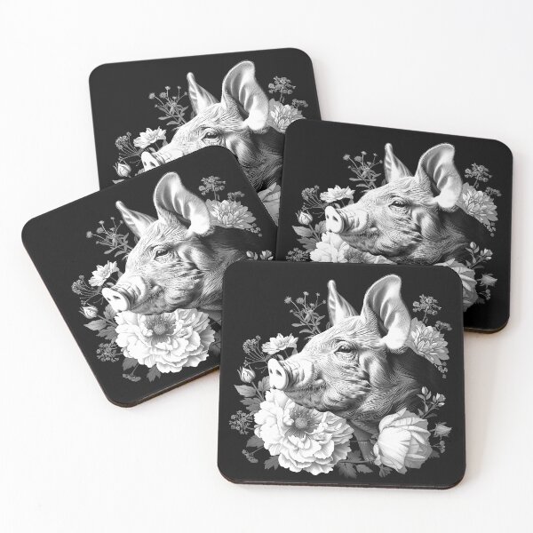 Item preview, Floral Pig Portrait in Black and White Botanical Art designed and sold by inkoutninja.