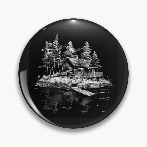 Item preview, Rustic Log Cabin by a Quiet Lake in Black and White designed and sold by inkoutninja.