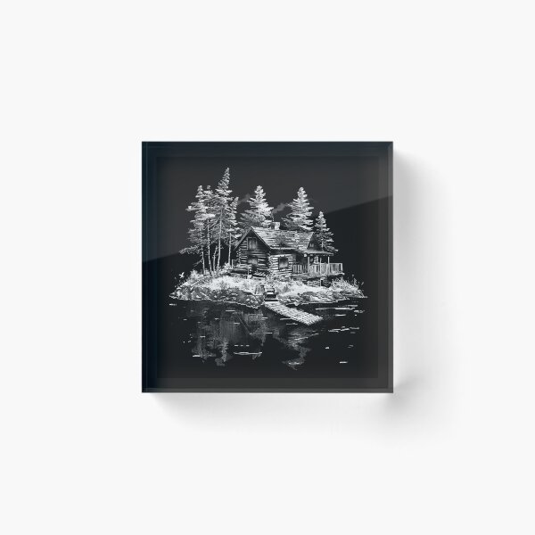 Item preview, Rustic Log Cabin by a Quiet Lake in Black and White designed and sold by inkoutninja.