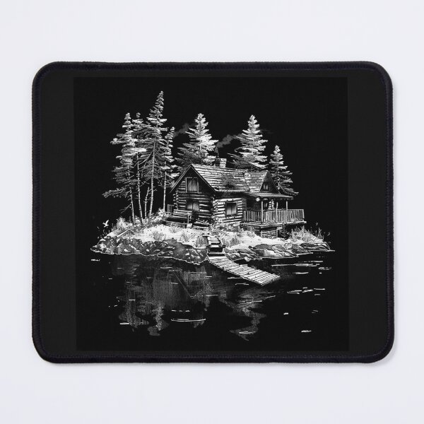 Item preview, Rustic Log Cabin by a Quiet Lake in Black and White designed and sold by inkoutninja.