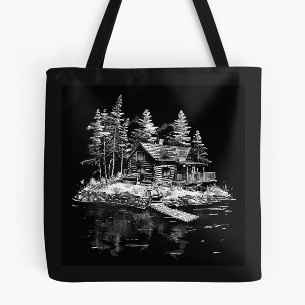 Item preview, Rustic Log Cabin by a Quiet Lake in Black and White designed and sold by inkoutninja.