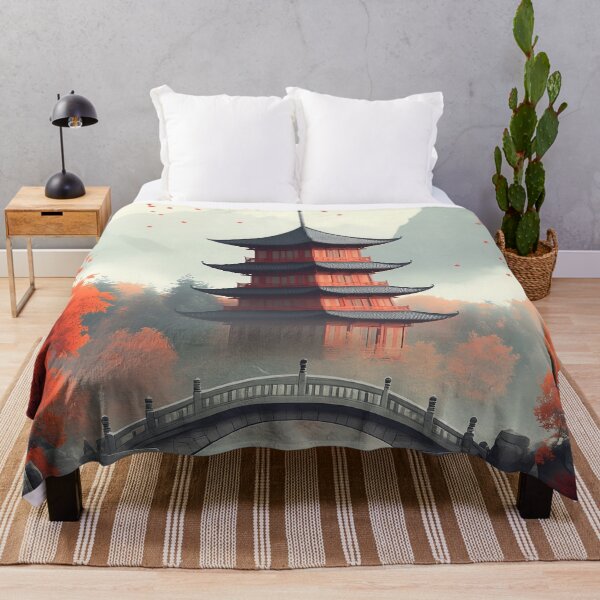 Item preview, Japanese Pagoda Autumn Bridge Red Maple Misty Garden designed and sold by juniorcastros.